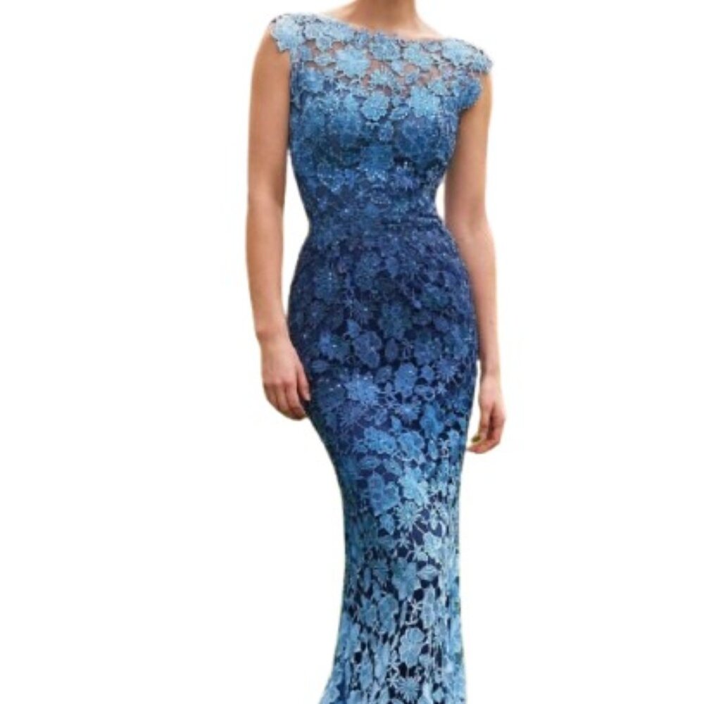 Blue Floral Lace Evening Gown
